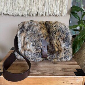 Tyber Made in France Faux Fur Genuine Leather Brown Strap Slouchy Messenger Bag